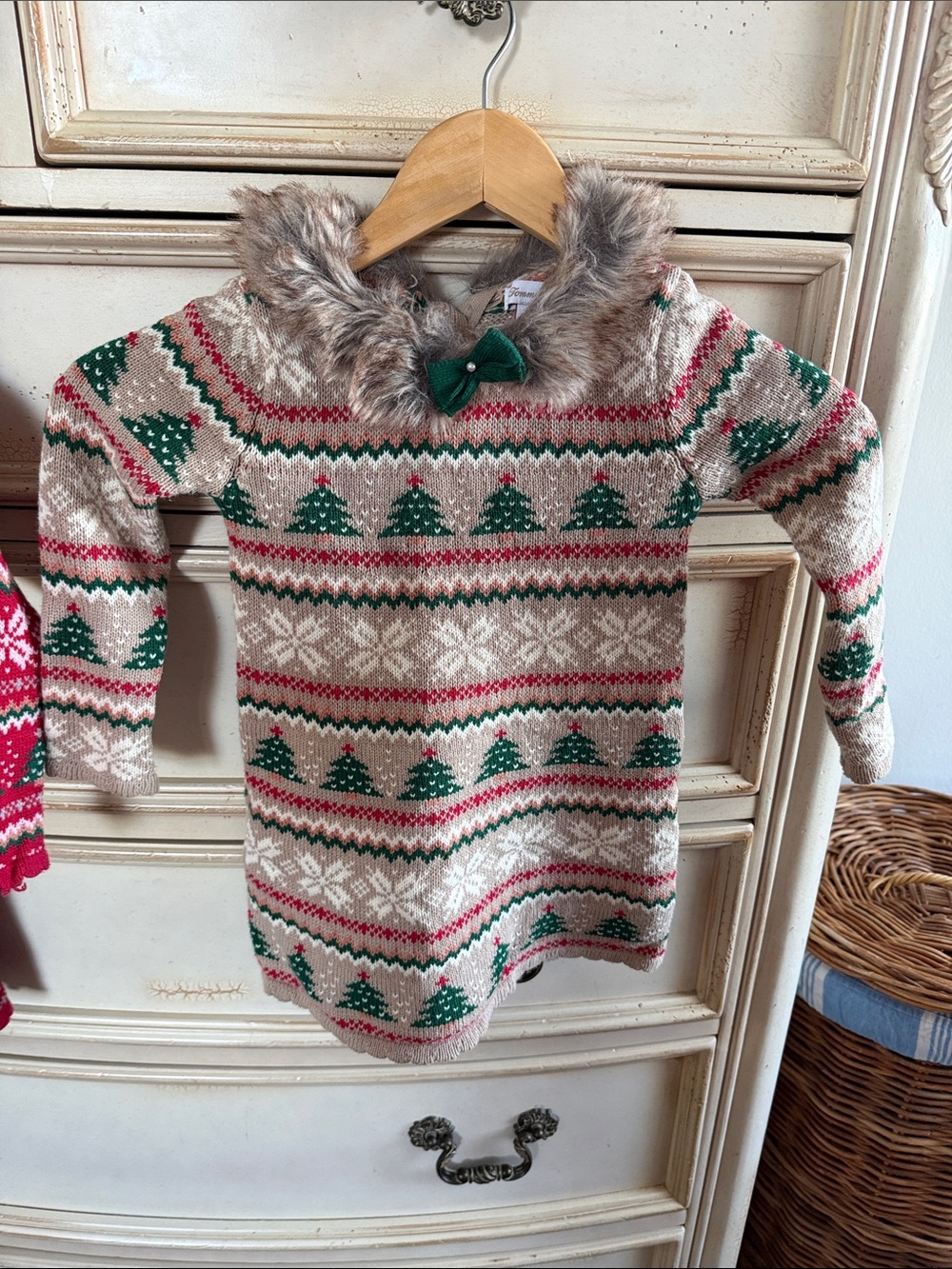 Girls' Tan Fair Isle Holiday Knit Sweater Dress with Faux Fur Collar - 2T